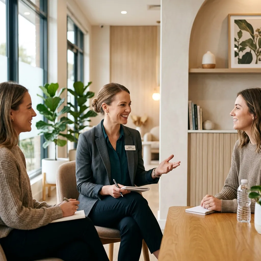 Wellness practitioner conversation in a calm clinic room