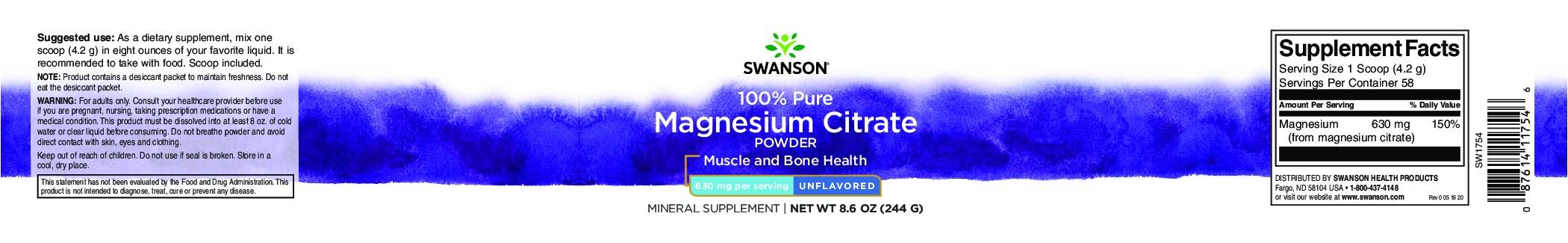 View product label: Magnesium Citrate Powder – Swanson