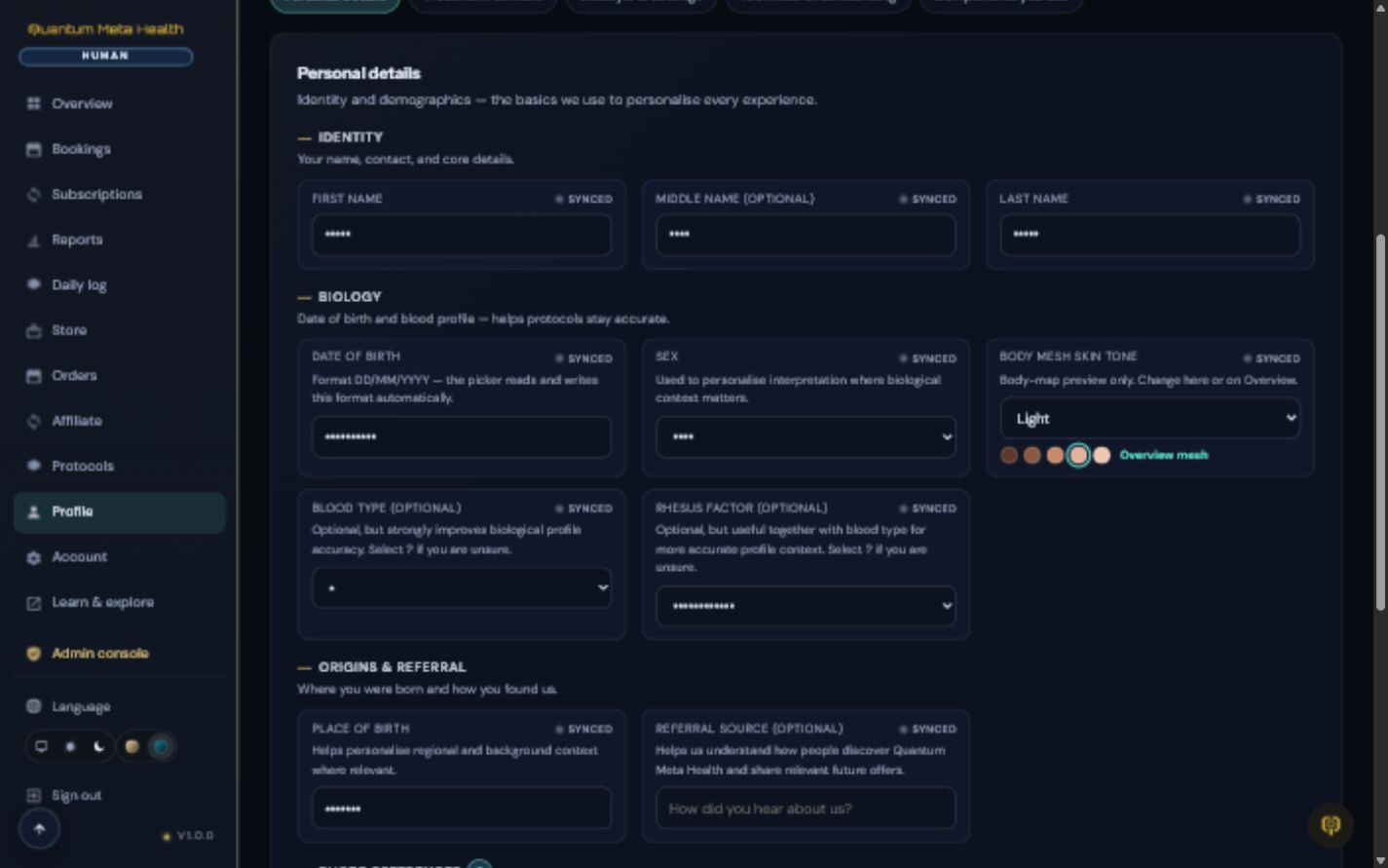 QMH account profile page - personal details, photos and 2FA settings